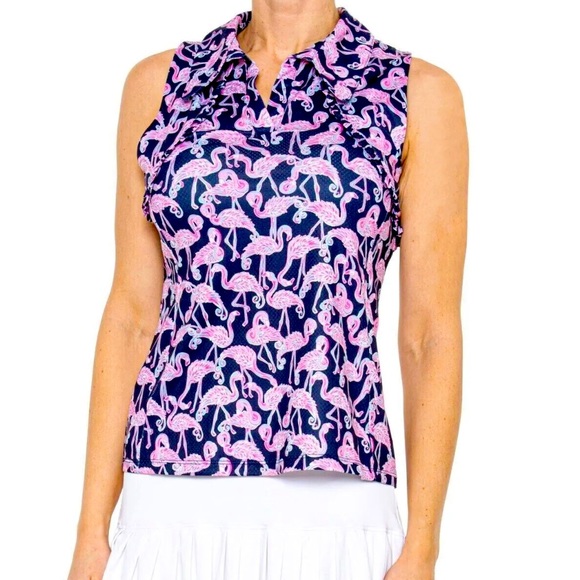 X by Gottex Women's Flamingo Ruffle Sleeveless Golf Polo Shirt NWT - Picture 1 of 13
